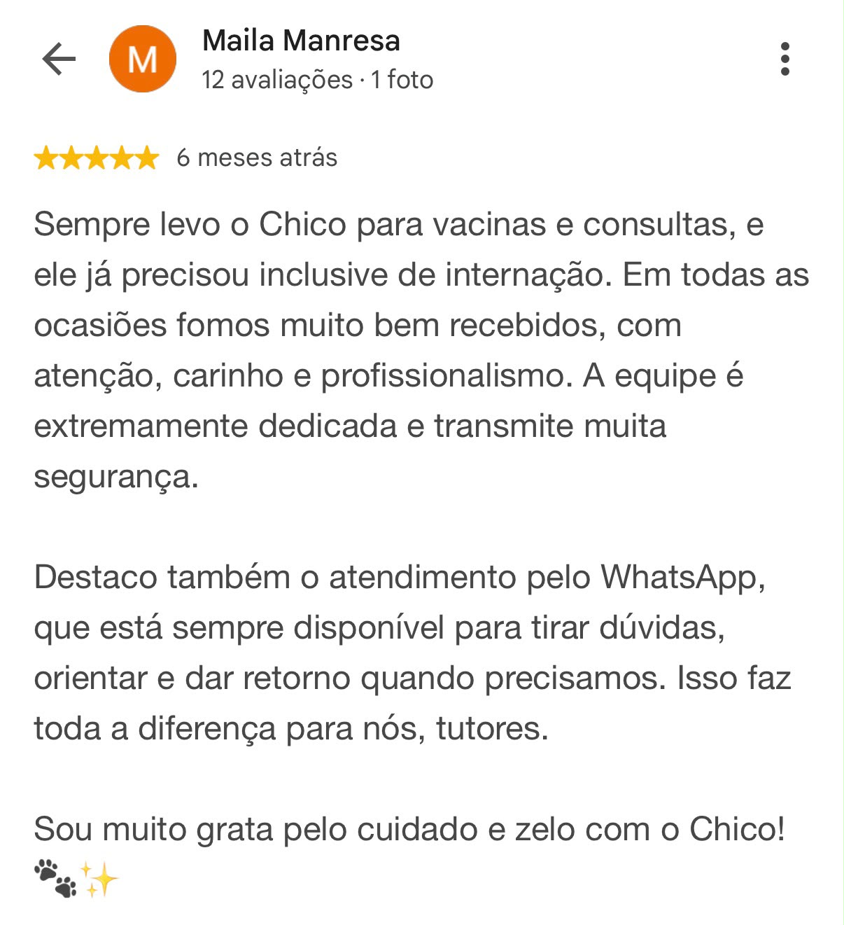 Avaliação de Maila Manresa publicada no Google sobre a Saimon Pet