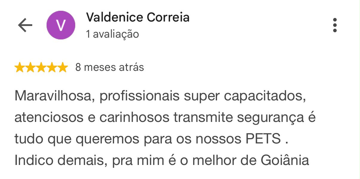 Avaliação de Valdenice Correia publicada no Google sobre a Saimon Pet